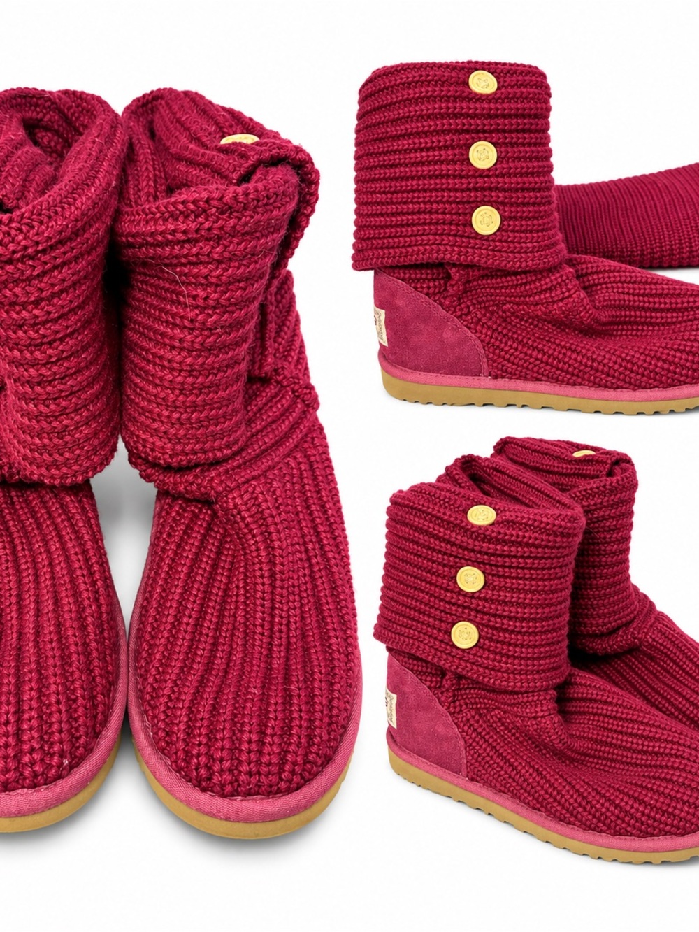 UGG Australia Lattice Cardy Burgundy Knit Boots Wood-tone Buttons